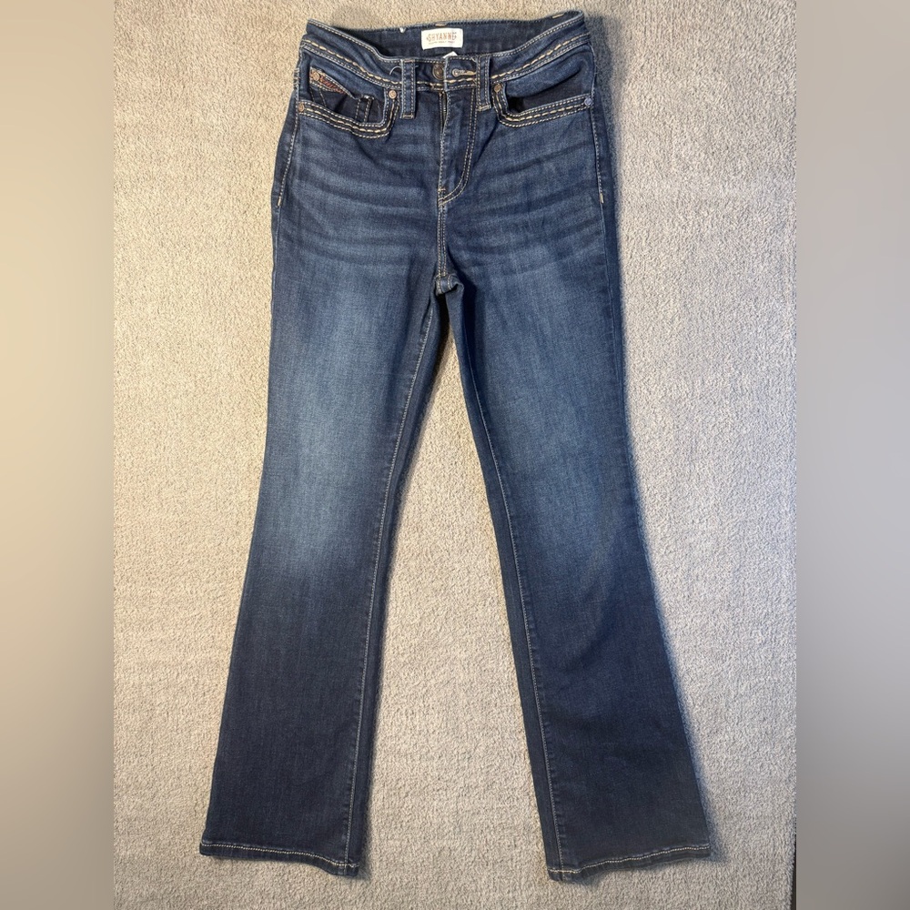 Size 27  Women’s Shyanne Mid Rise Dark Blue Boot Cut Jeans With Aztec designs